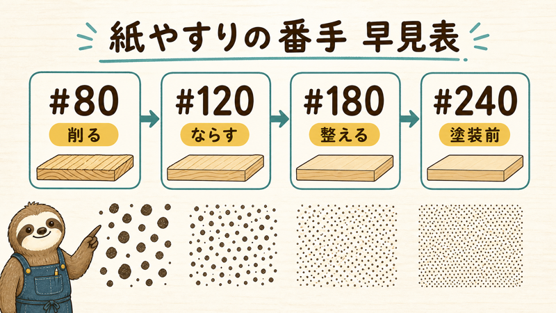 木工DIYの紙やすり番手早見表。#80は削る、#120はならす、#180は整える、#240は塗装前に使う目安を示している。