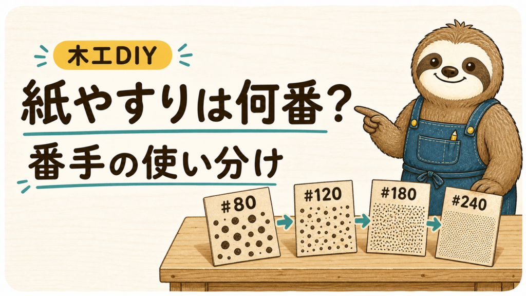 青いDIYエプロンを着たナマケクンが、#80・#120・#180・#240の紙やすりを並べて、木工DIYの番手の使い分けを案内しているアイキャッチ画像。