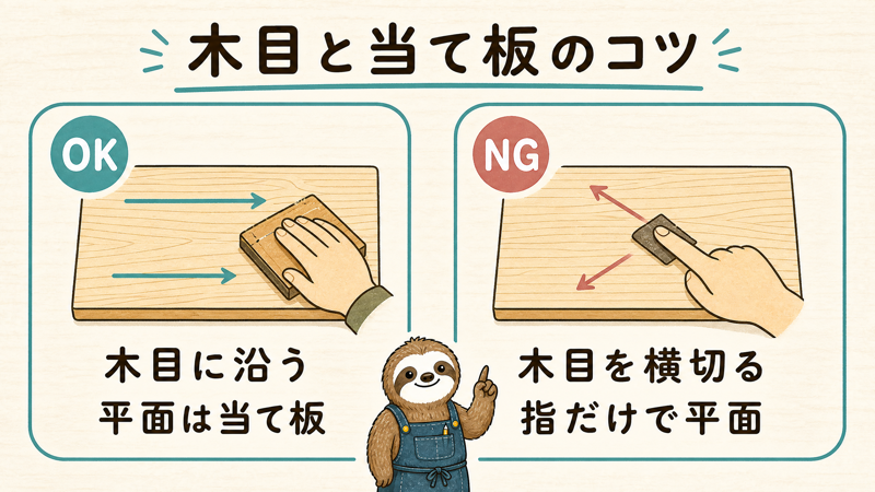 木材のやすりがけのOK・NG比較図。OKは木目に沿って当て板を使う方法、NGは木目を横切り指だけで平面を削る方法を示している。