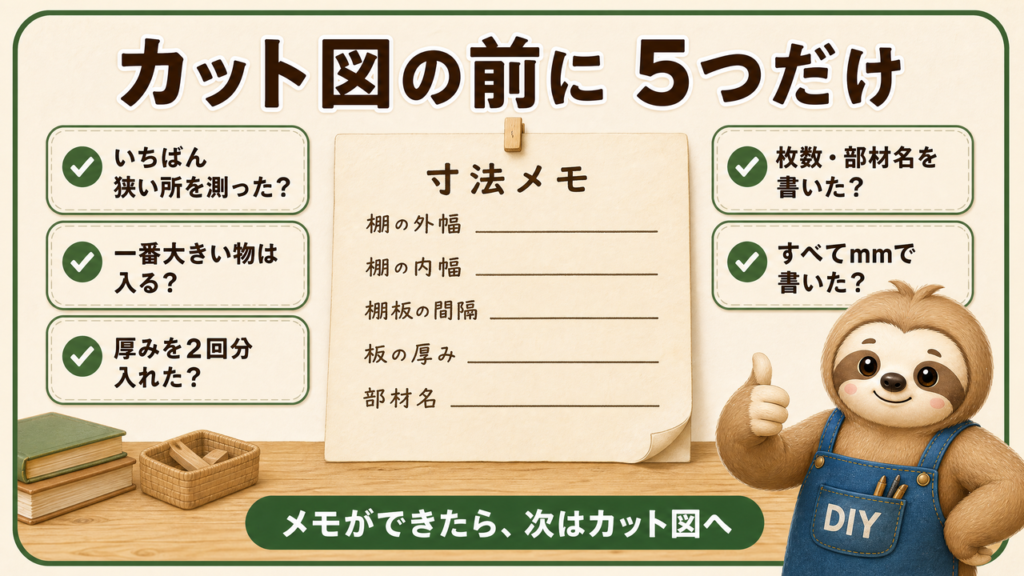 DIY棚のカット図を作る前に確認する、設置場所・収納物・板厚・部材・mm表記の5項目をまとめたチェック図。