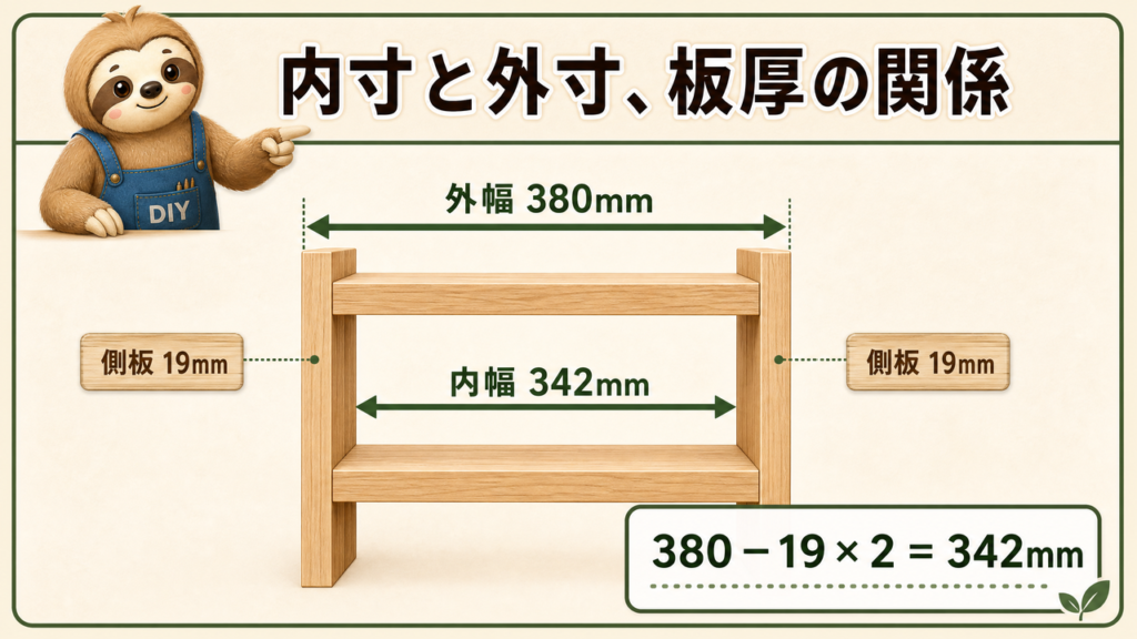 側板が19mmの木製棚で、外幅380mmから左右の板厚を引き、内幅342mmになる関係を示す寸法図。