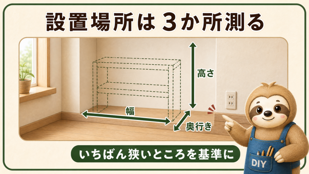 DIY棚を置く場所で、幅・奥行き・高さを測る位置と巾木・コンセントの注意点を示した図解。