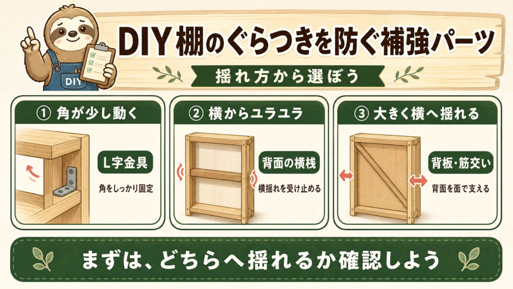 DIY棚の揺れ方に合わせて、L字金具・背面の横桟・背板や筋交いを選ぶ方法を示した図解