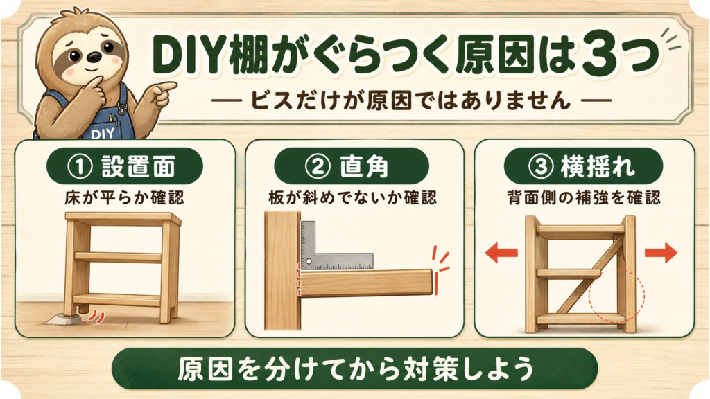 DIY棚がぐらつく原因を、設置面・直角・横揺れの3つに分けて示した図解