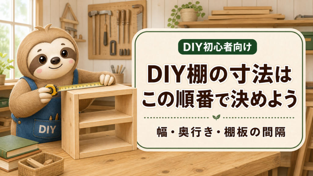 メジャーを持つナマケクンと木製の小物棚。DIY棚の幅・奥行き・棚板の間隔を決める初心者向け記事のアイキャッチ。