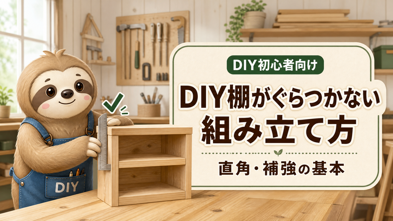 差し金で木製棚の直角を確認するナマケクンと、DIY棚がぐらつかない組み立て方を示すアイキャッチ画像