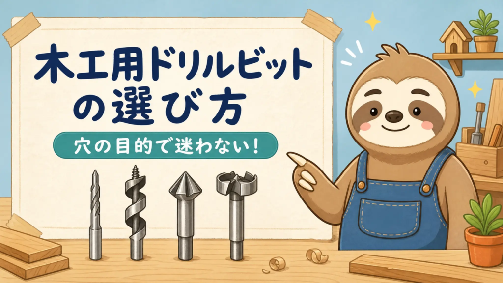 青いDIYエプロンを着たナマケクンと4種類の木工用ドリルビット。木工用ドリルビットの選び方を紹介するアイキャッチ画像。