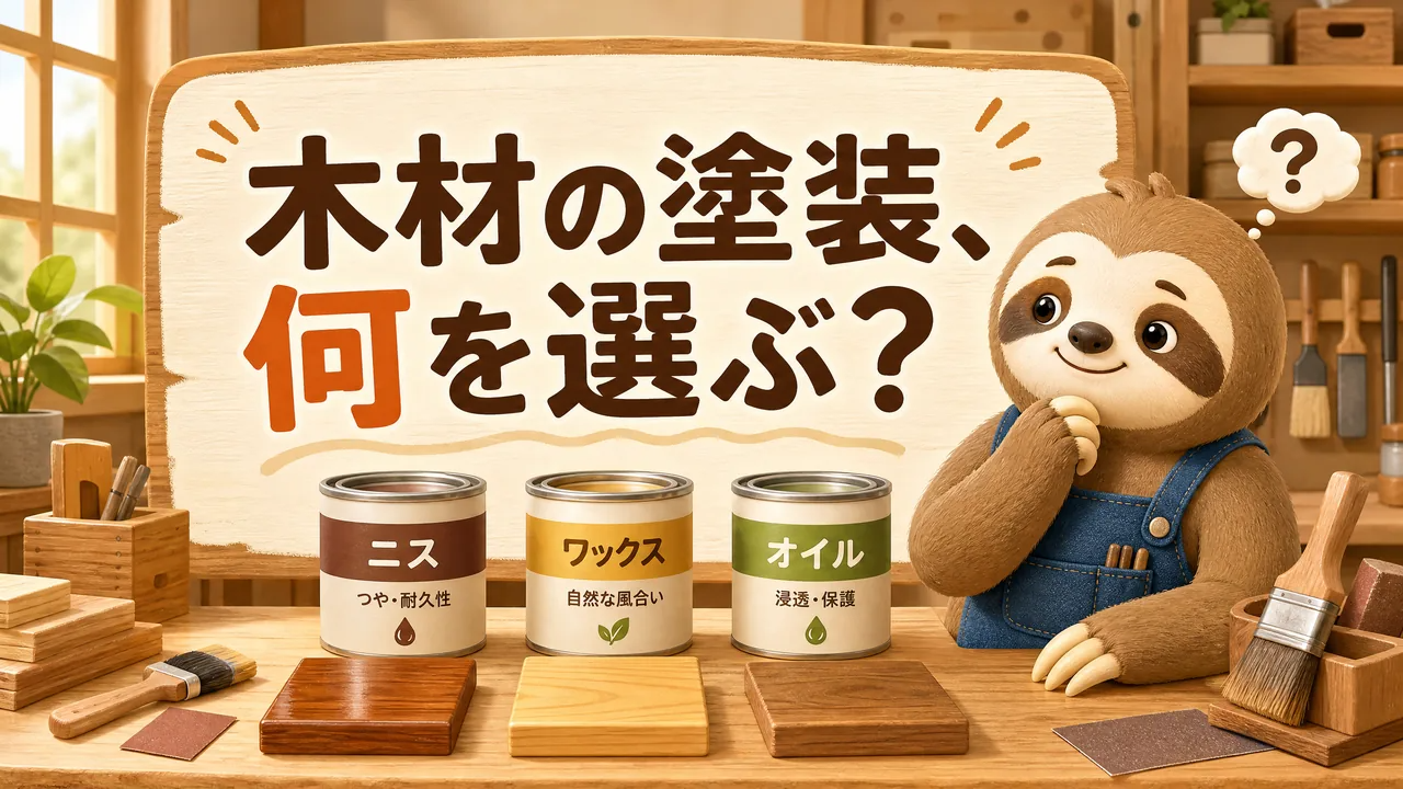 木材の塗装に使うニス・ワックス・オイルを比較するナマケクン