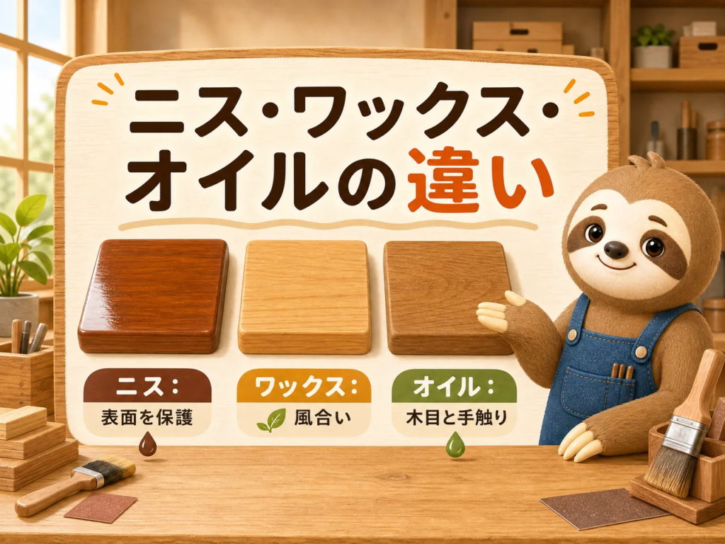 ニス・ワックス・オイルの仕上がりと用途を比較した図解