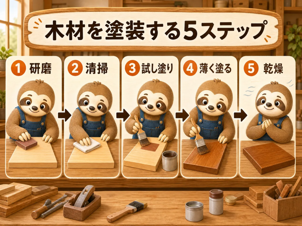 木材塗装の下準備から乾燥までを示した5段階の工程図