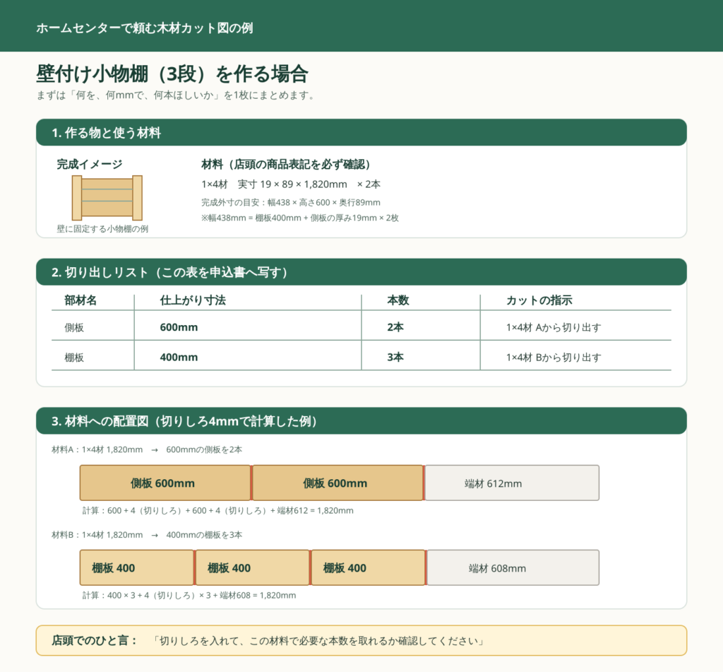 1×4材を2本使い、側板600mmを2本、棚板400mmを3本切り出すカット図の例
