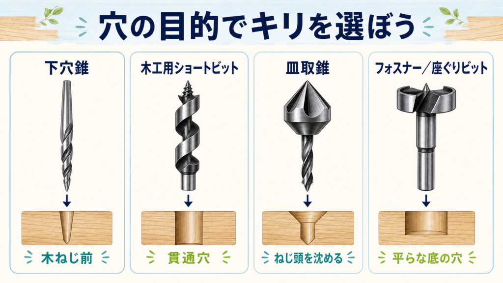 木工用ドリルビット4種類の形と用途を比較した図。下穴錐、先ネジ付き木工用ショートビット、皿取錐、フォスナー/座ぐりビット。